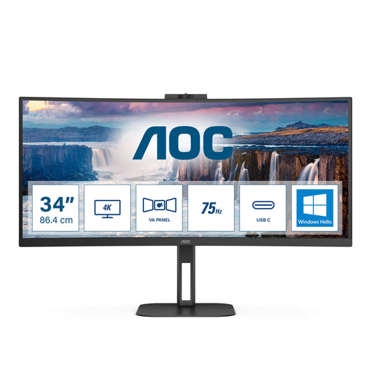 AOC CURVED MONITOR 34 LED VA WQHD 21:9 4MS 300 CDM, HEIGHT, WEBCAM, USB-C, DP/HDMI, MULTIMEDIA