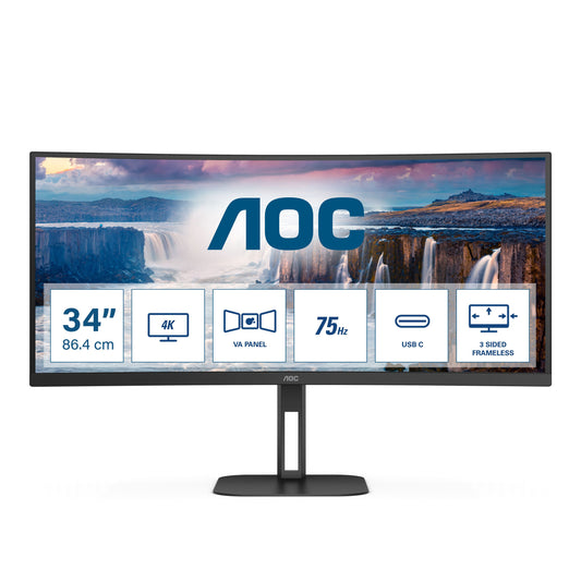 AOC CURVED MONITOR 34 LED VA WQHD 21:9 4MS 300 CDM, HEIGHT ADJUSTMENT, USB-C DOCK, DP/HDMI, MULTIMEDIA