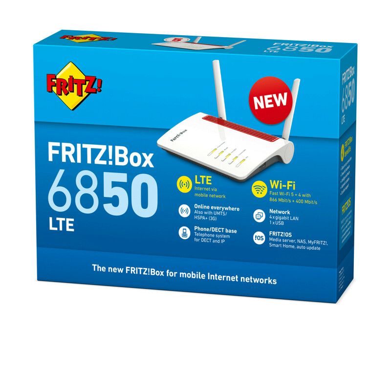 AVM FRITZ! ROUTER FRITZ!BOX 6850 LTE INTERNATIONAL 4 PORTE LAN GIGABIT RJ-45,1XUSB 3.0, 1 PORTA TE LEFONICA ANALOGICA, 1 SLOT SI