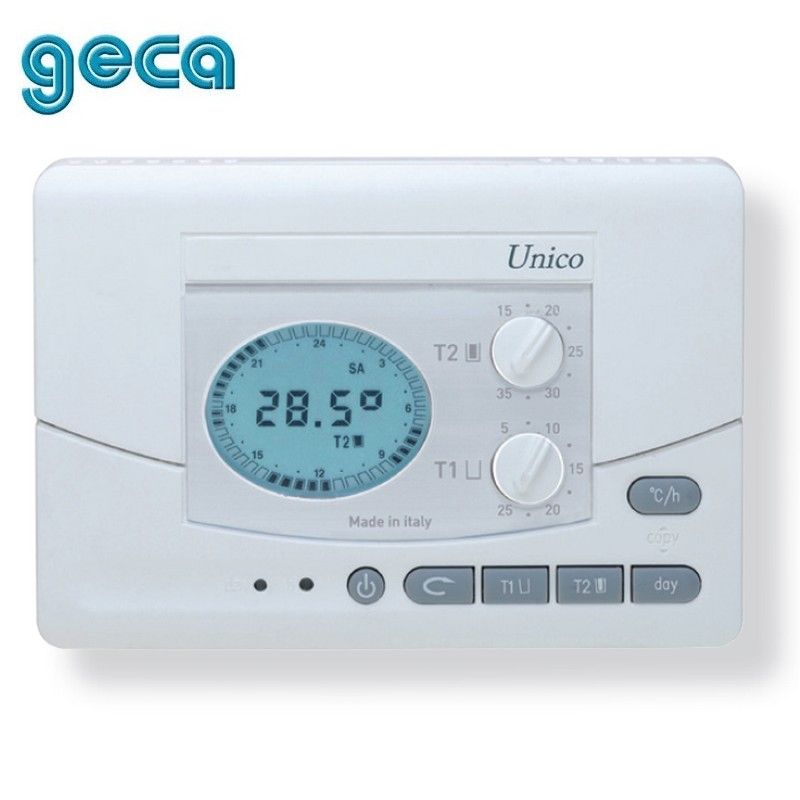 UNICO Geca weekly room thermostat - wall-mounted, battery-powered, backlit