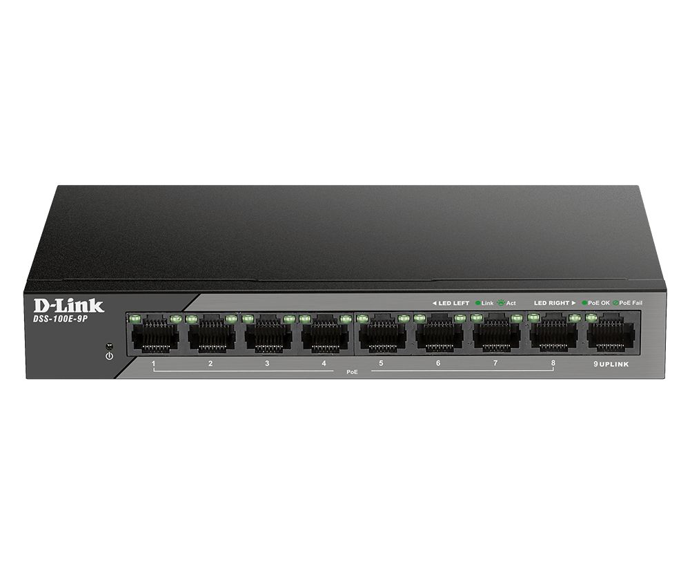D-Link DSS-100E-9P Unmanaged Network Switch Fast Ethernet (10/100) Power over Ethernet (PoE) Support Black