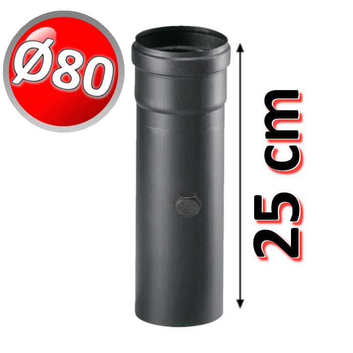 Fire element with straight smoke test hole 25 cm in BLACK Carbon Steel Ø 80 mm - for pellet or wood stove