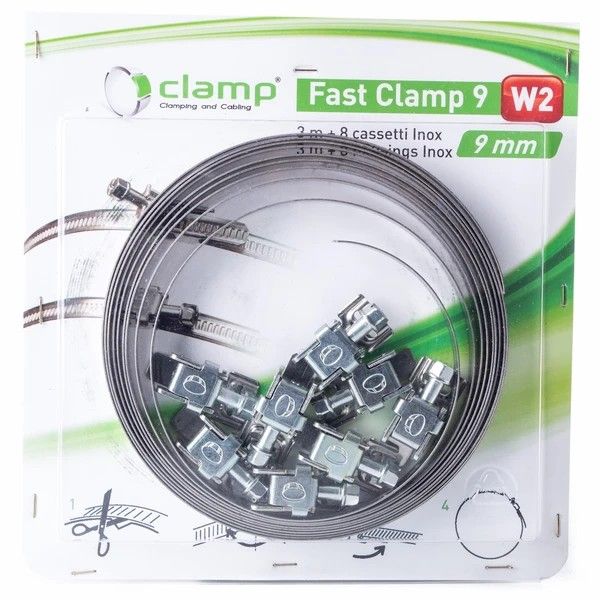 Kit da 3 mt fascetta stringitubo in acciaio inox AISI 430 + 8 morsetti di bloccaggio