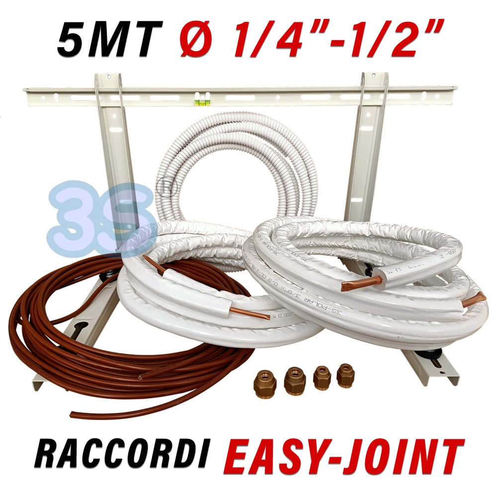 Single-unit air conditioning installation kit - 5 m of 1/4'' and 1/2'' copper pipe with wall bracket