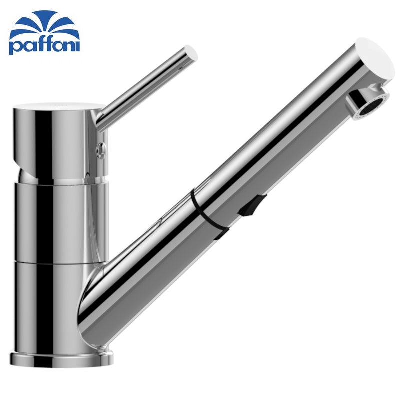 Single-hole kitchen sink mixer with swivel spout and pull-out cylindrical shower - BIRILLO Paffoni