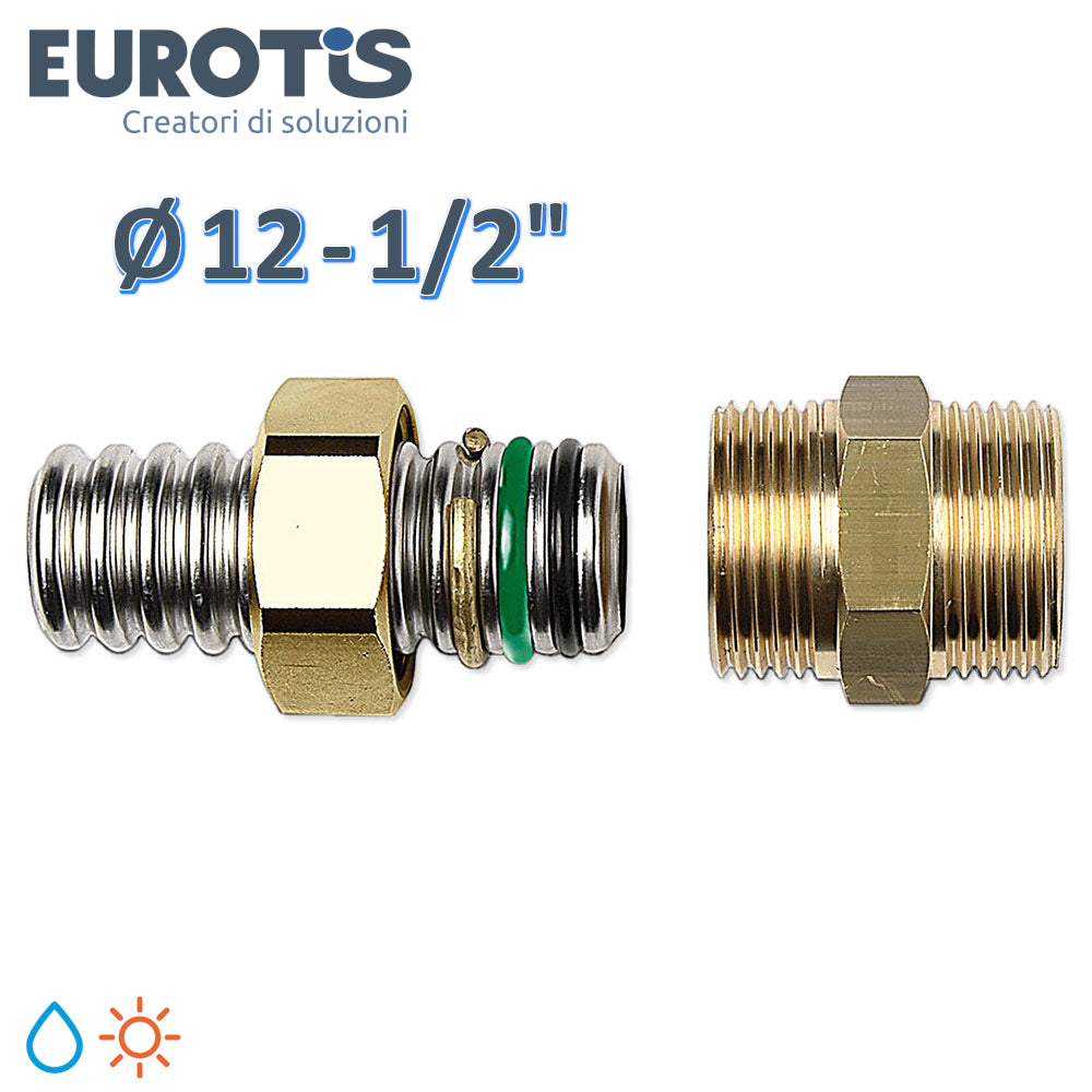 Nipplo niples Ø 12 - 1/2'' filettato M in ottone ad innesto rapido con doppio o-ring per acqua e solare - Eurotis
