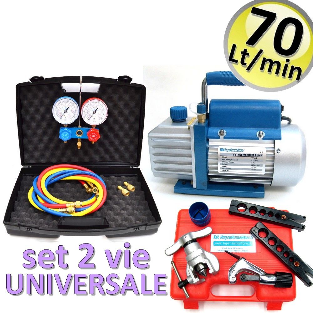 Vacuum pump 70 Lt/min + 2-way pressure gauge set + friction flaring tool