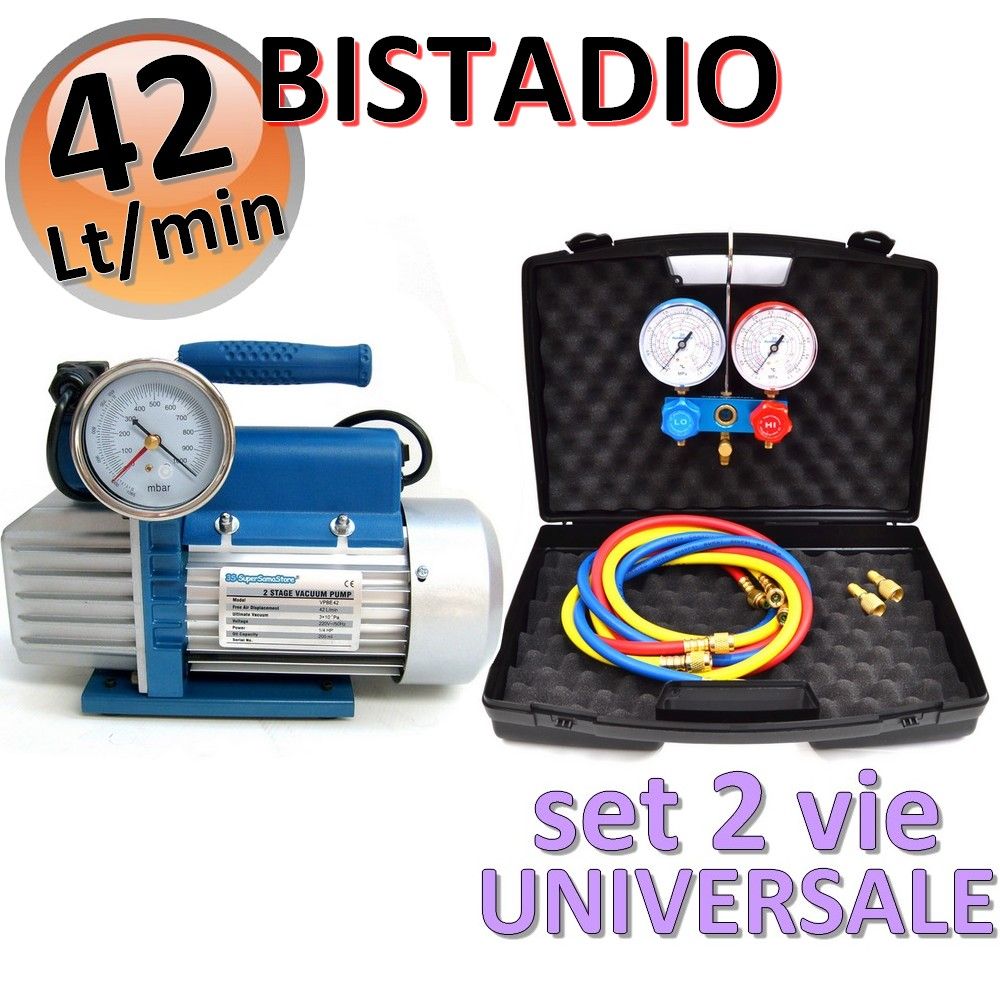42 Lt two-stage vacuum pump + universal 2-way pressure gauge set