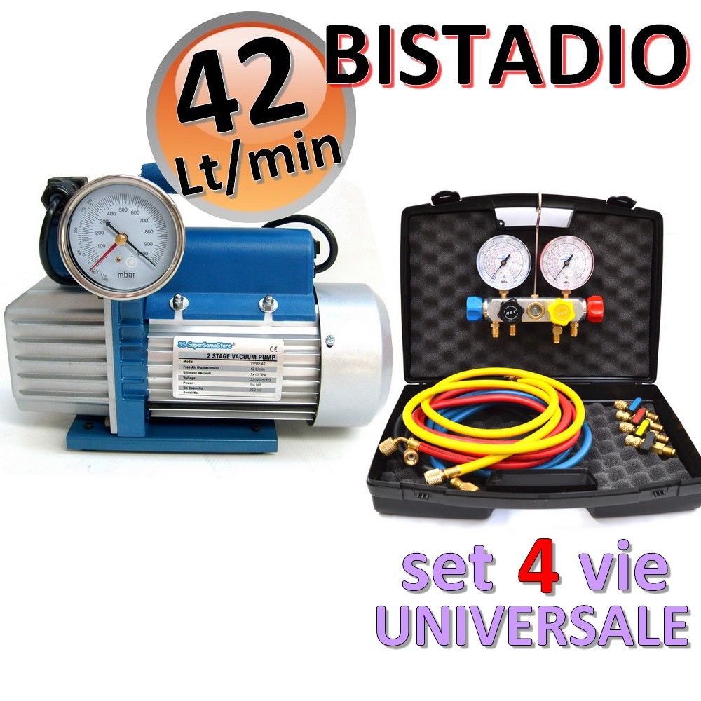 42 Lt two-stage vacuum pump + universal 4-way pressure gauge set