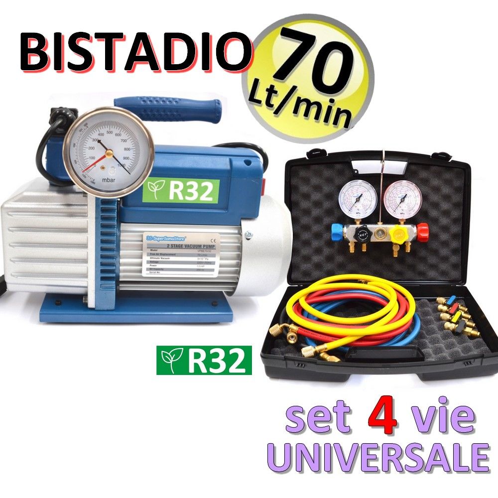 70 Lt two-stage vacuum pump, R32 approved + universal 4-way pressure gauge set