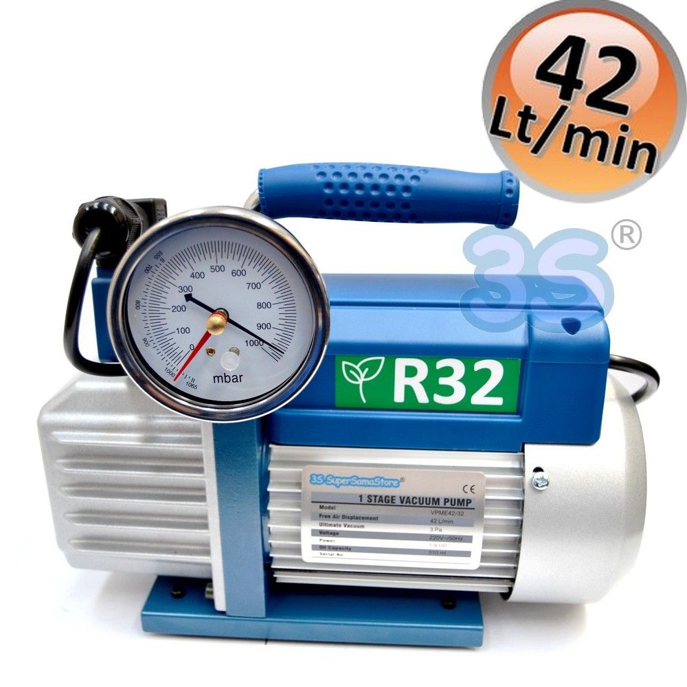 Single-stage vacuum pump 42 L/min with solenoid valve and vacuum gauge - approved for R32 gas