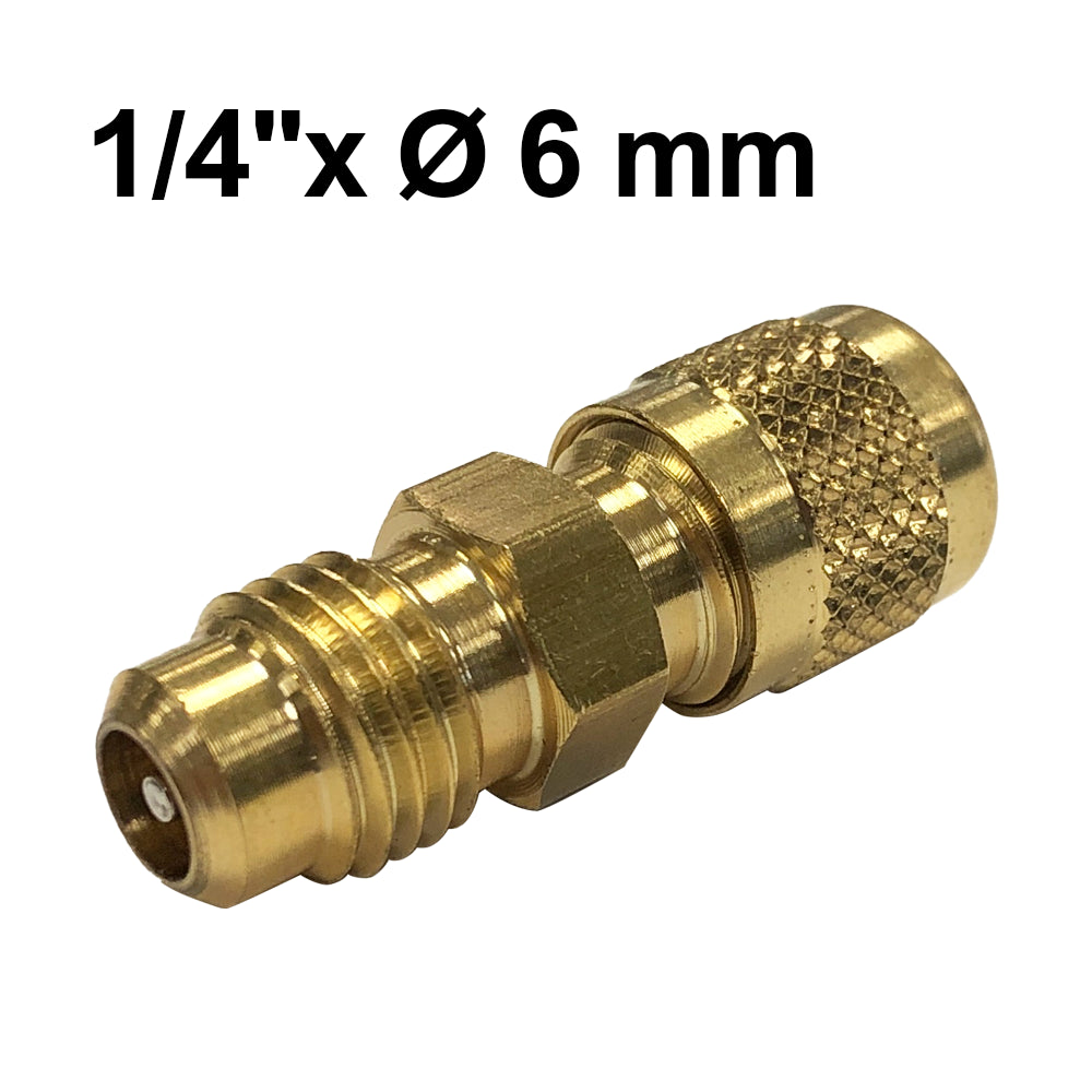 Raccordo dritto in ottone 1/4'' SAE x Ø 6 mm ODS con valvolina premispillo e tappo