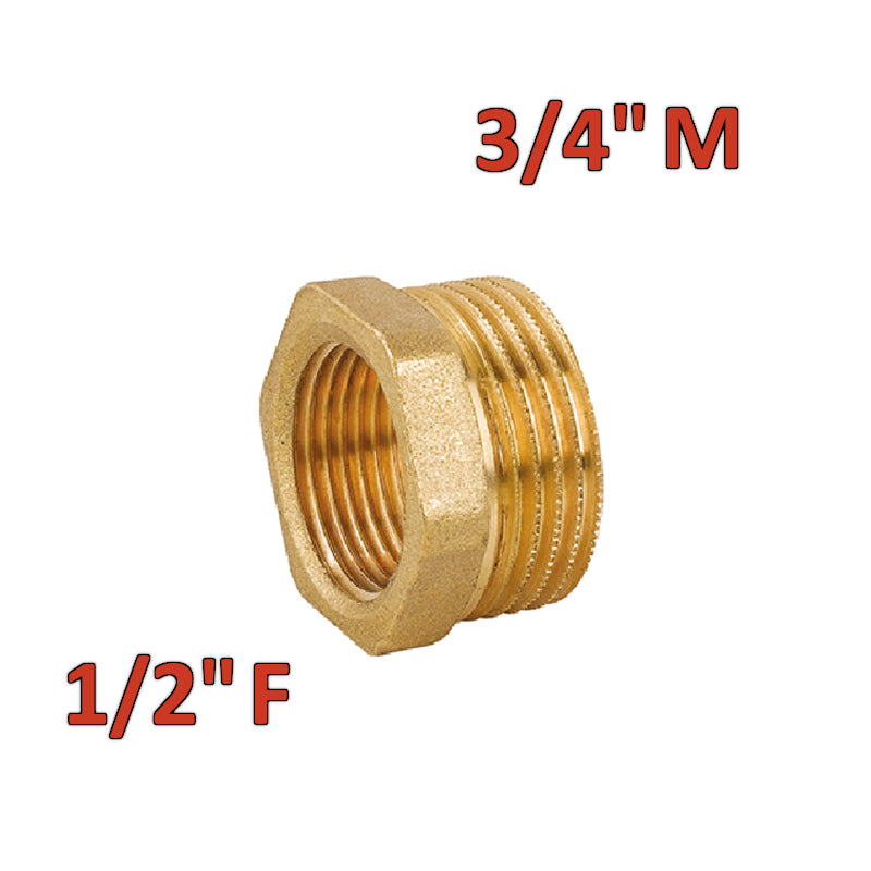 Brass hexagonal reduction with 3/4'' male x 1/2'' female connection