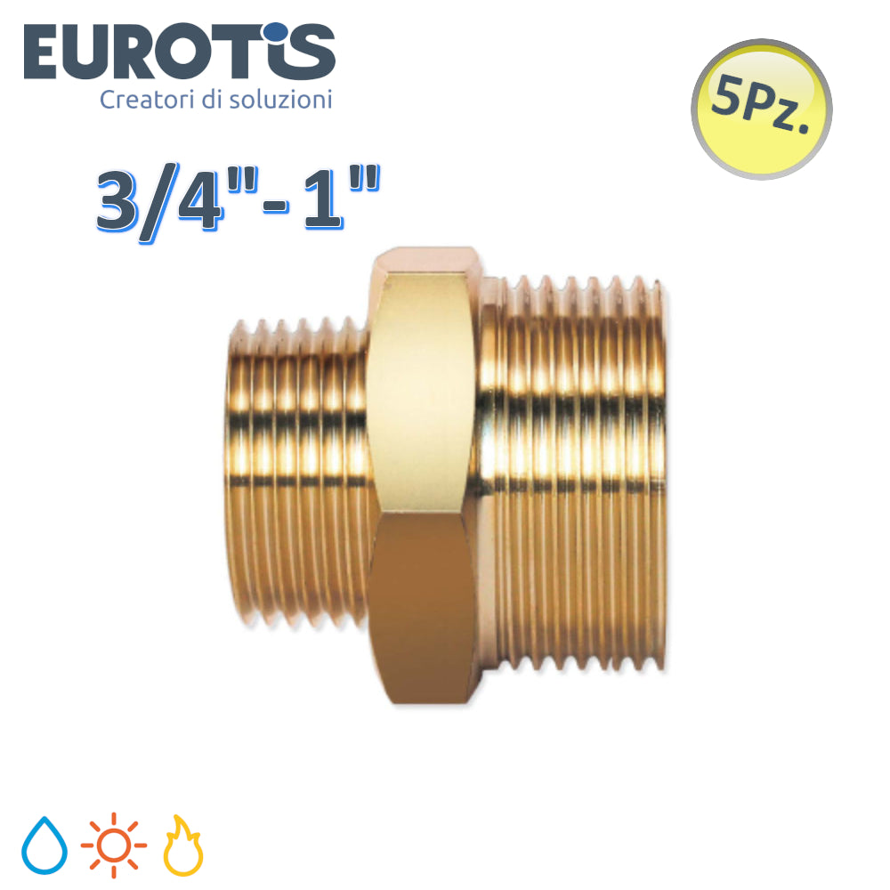 Set 5 pz Nipplo niples ridotto Ø 15-20 | 3/4'' - 1'' M/M in ottone nichelato battuta piana per acqua solare e gas - Eurotis