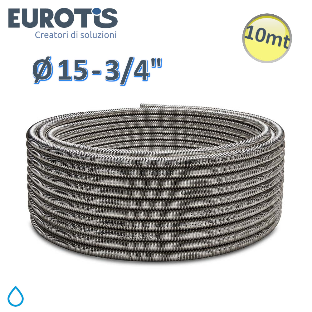 Tubo corrugato Ø 15 - 3/4'' - 0,30 mm - L. 10 mt formabile CSST in acciaio inossidabile AISI 304 per acqua - Eurotis