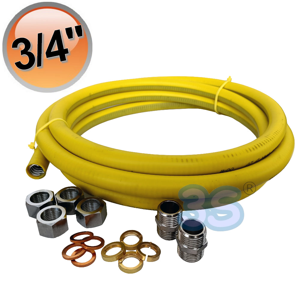 4m flexible stainless steel gas hose with 3/4'' connections including 4 self-flaring female fittings