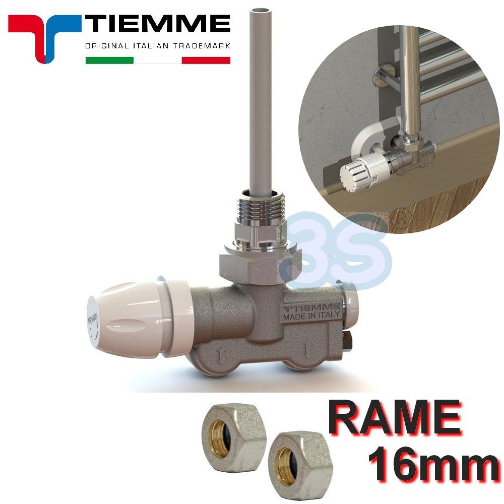 TIEMME 1/2'' single/double pipe valve with 16 mm copper adapters - angled connections for towel warmers