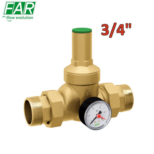 2805 - Riduttore di pressione 3/4'' giallo con attacchi Maschio Maschio completo di manometro - FAR