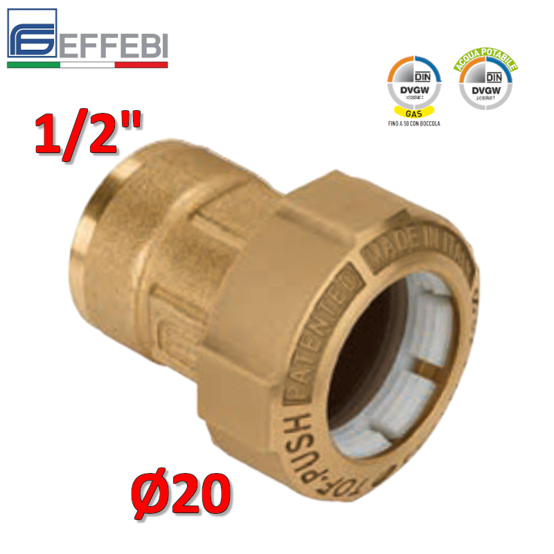 Raccordo TOF-PUSH monogiunto ? 20 x 1/2'' femmina in ottone per tubo PE - polietilene