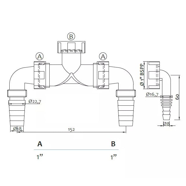 Doppio raccordo di scarico 2 attacchi 1'' per lavatrice , asciugatrice , climatizzatore e caldaia