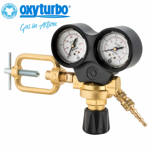 Riduttore MAXY per acetilene a comando verticale con 2 manometri e staffa per saldatura ossiacetilenica