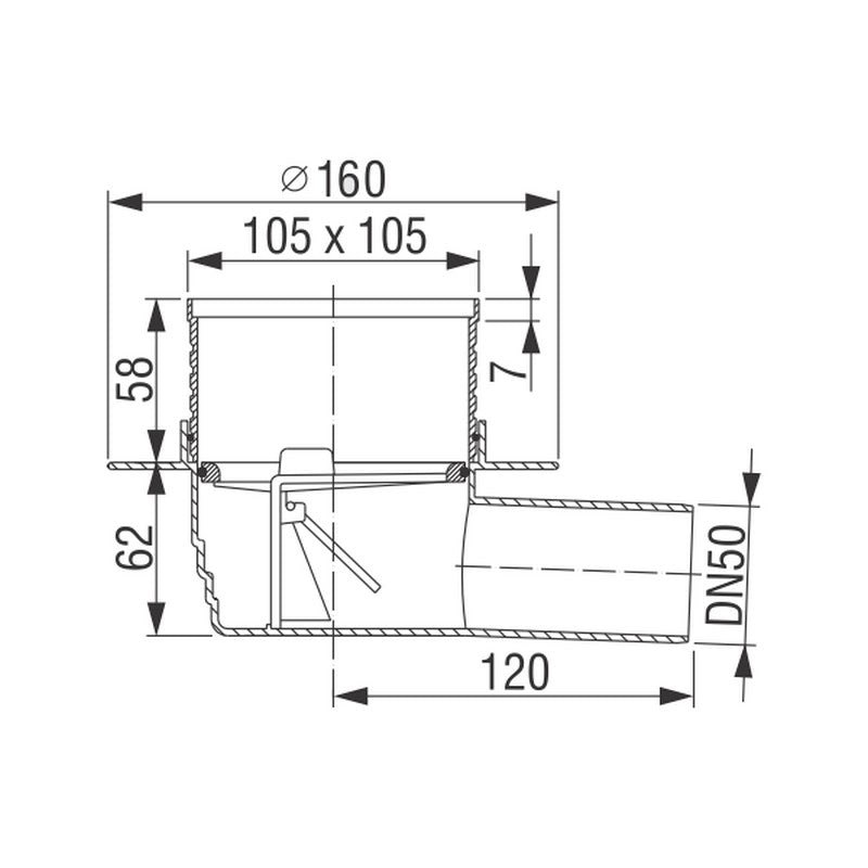 Piletta di scarico da pavimento, griglia 105x105 mm, valvola di non ritorno