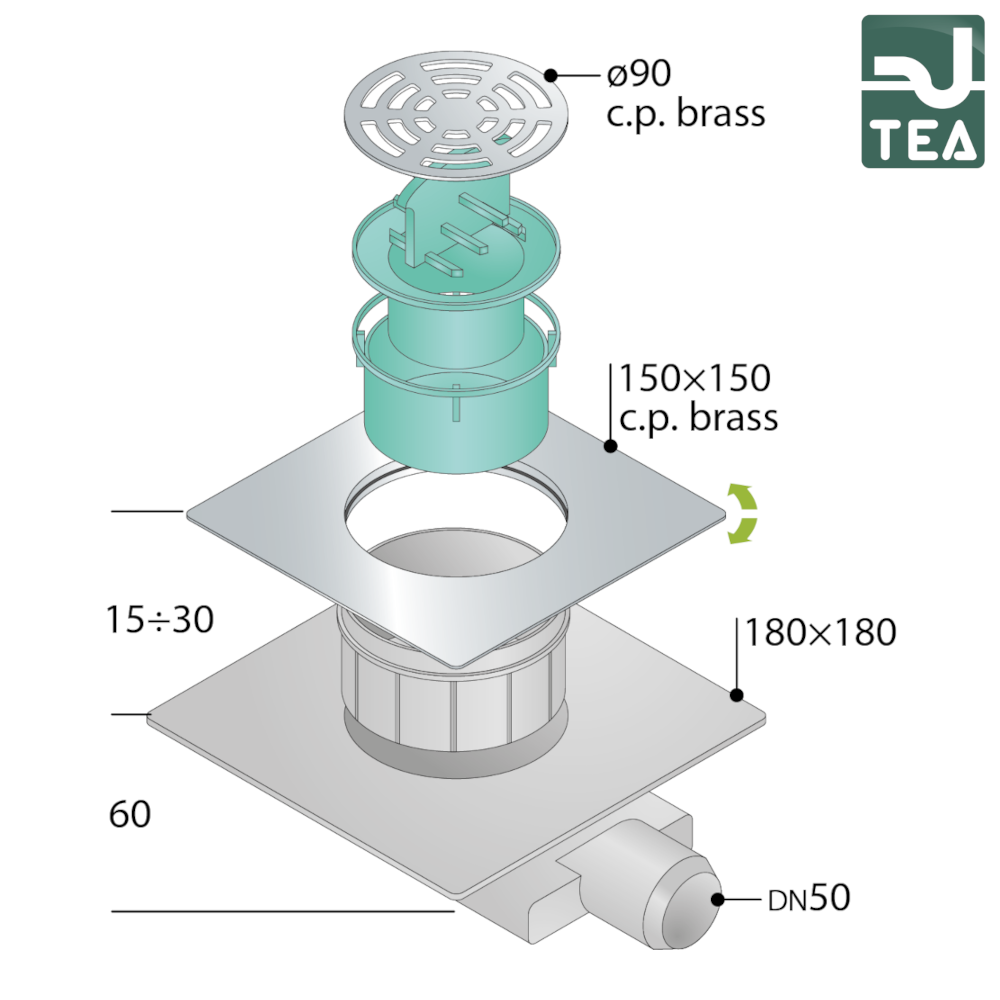 Piletta sifoide TIRANA per scarico a pavimento in ABS con griglia in ottone cromato