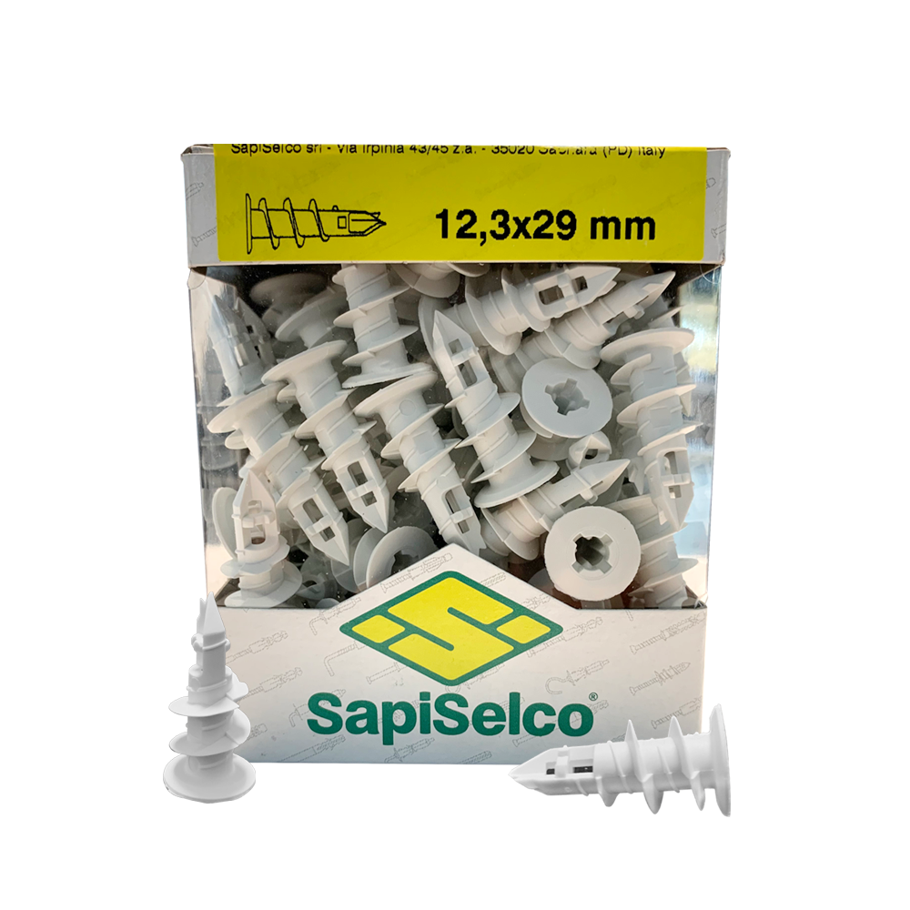Kit da 100 tasselli lunghezza 29 mm in nylon autoperforanti per cartongesso con vite a testa T.S.P. da 4,5 x 25 mm