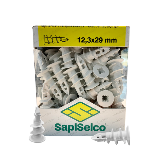 Kit da 100 tasselli lunghezza 29 mm in nylon autoperforanti per cartongesso con vite a testa T.S.P. da 4,5 x 25 mm