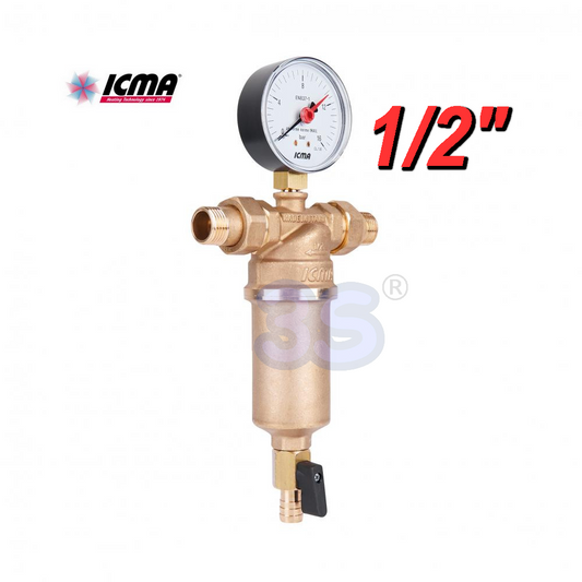 ICMA - Filtro autopulente 1/2'' in ottone per acqua con bochettoni M-M , manometro e rubinetto di scarico
