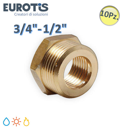 Set 10 pz Riduzione niples ridotto ? 15-12 | M 3/4'' x F 1/2'' in ottone nichelato battuta piana per acqua solare e gas - Eurotis