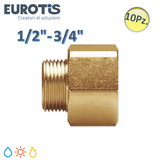Set 10 pz Riduzione niples ridotto ? 12-15 | M 1/2'' x F 3/4'' in ottone nichelato battuta piana per acqua solare e gas - Eurotis