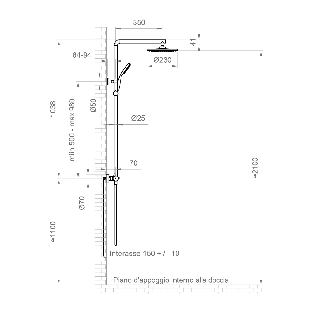 Asta colonna doccia PONSI ROUND-T telescopica MIX MECCANICO  deviatore a 2 vie
