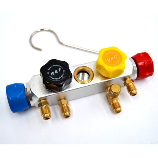 Base in alluminio 4 vie con 4 rubinetti per manometri con gancio