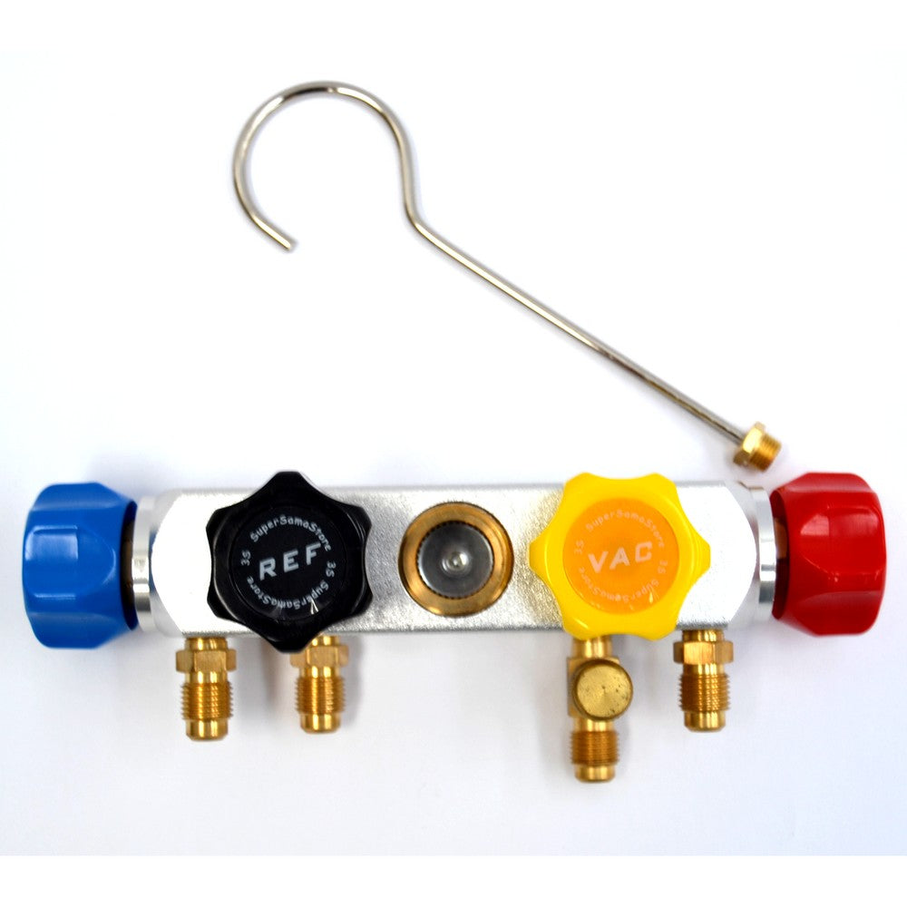 Base in alluminio 4 vie con 4 rubinetti per manometri con gancio