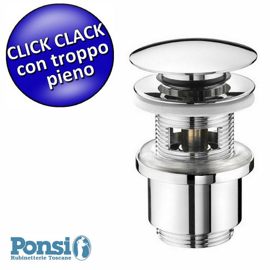 Piletta tonda tappo scarico molla click clack 1''1/4 con troppo pieno Ponsi