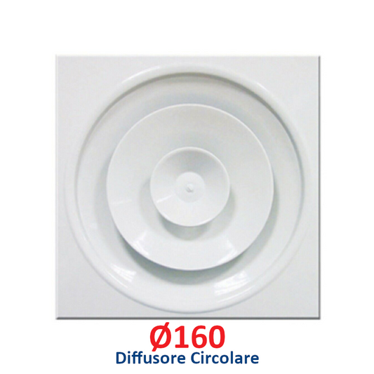 Diffusore circolare ? 160 in alluminio bianco con pannello 60x60 cm, con serranda regolabile per controsoffitto
