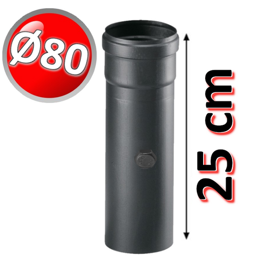 Elemento fire con foro prova fumi dritto 25 cm in ACCIAIO al Carbonio NERO ? 80 mm - per stufa pellet o legna