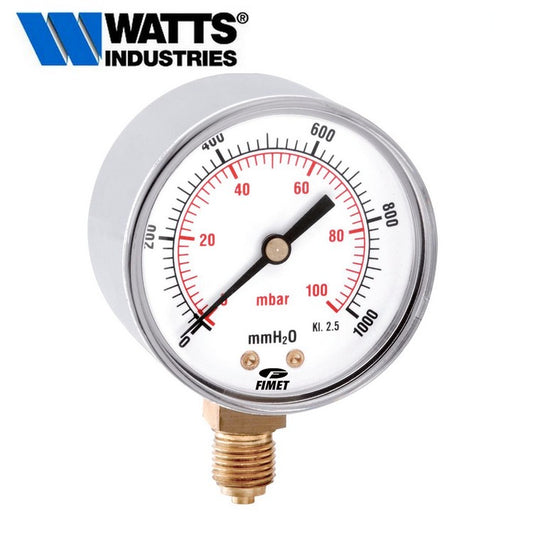 WATTS - Manometro 0-100 mbar a membrana DN 63 attacco radiale 1/4'', cassa in acciaio cromato per gas