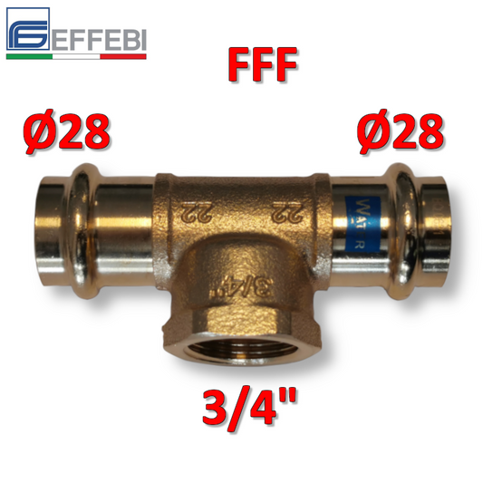 Raccordo T tee in bronzo ? 28 x F 3/4'' x 28 mm - rame a pressare UNICO per acqua e gas