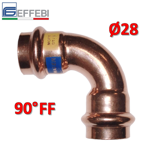 Gomito curva FF 90° ? 28 mm - rame a pressare UNICO per acqua e gas