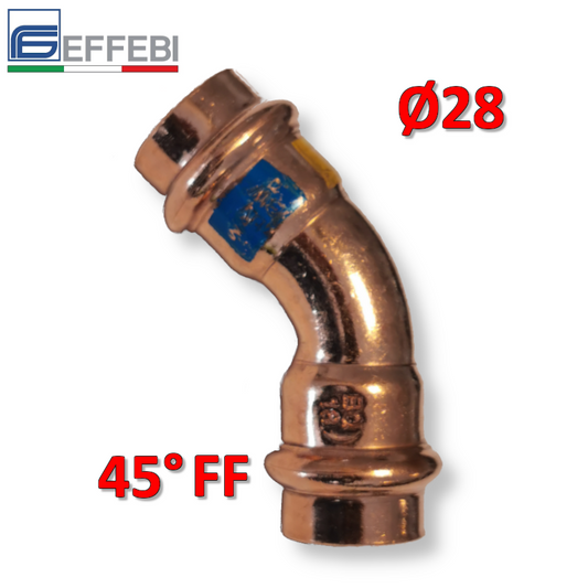 Gomito curva FF 45° ? 28 mm - rame a pressare UNICO per acqua e gas