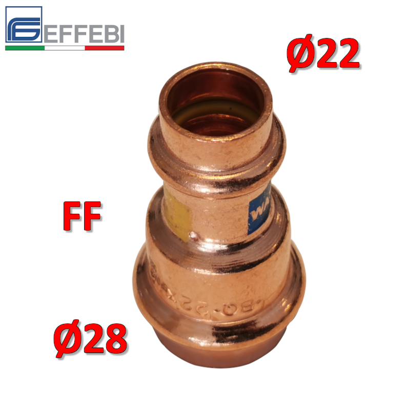Raccordo dritto ridotto manicotto FF ? 22 x 28 mm - rame a pressare UNICO per acqua e gas