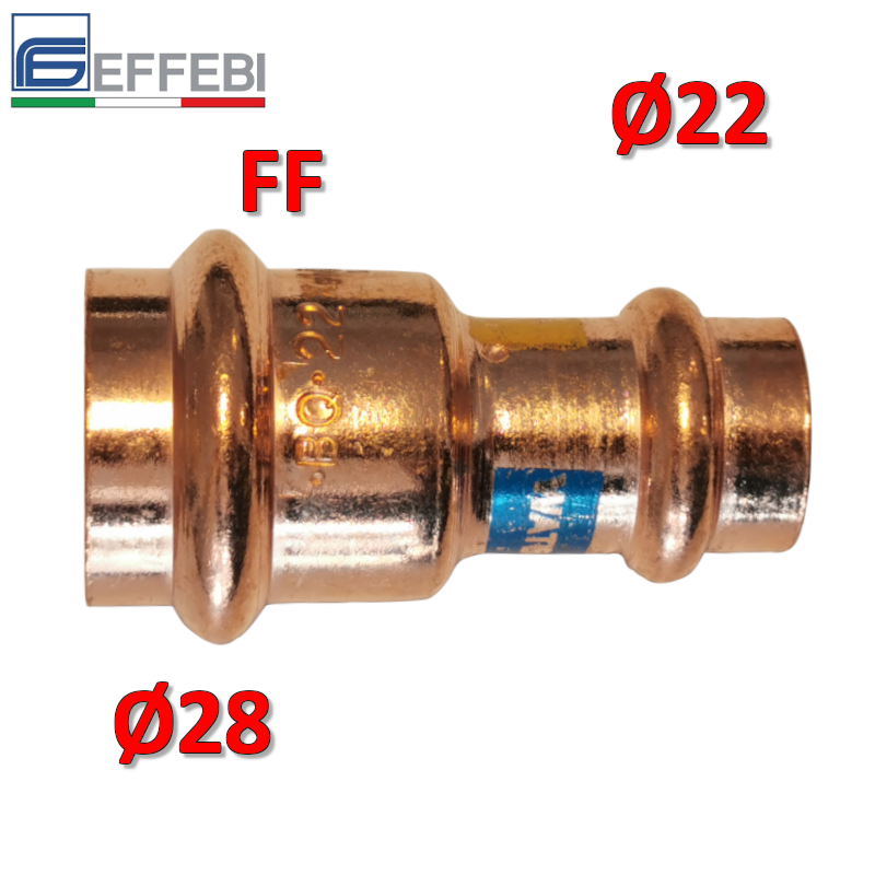Raccordo dritto ridotto manicotto FF ? 22 x 28 mm - rame a pressare UNICO per acqua e gas