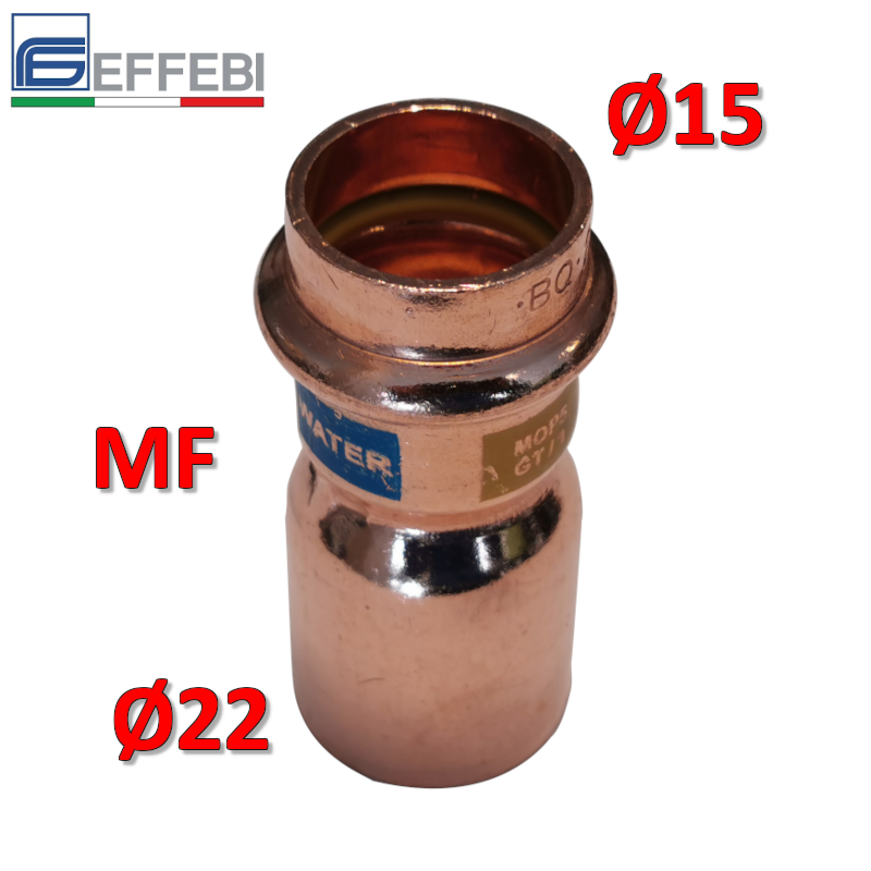 Raccordo dritto ridotto riduzione MF ? 15 x 22 mm - rame a pressare UNICO per acqua e gas