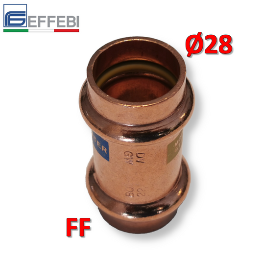 Raccordo dritto manicotto FF ? 28 mm - rame a pressare UNICO per acqua e gas