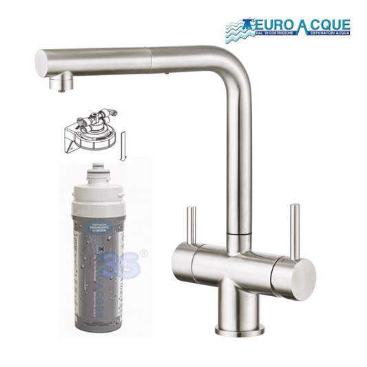 Kit microfiltrazione acqua potabile cucina + rubinetto satinato con doccetta estraibile RIVER ARGENTO 3 vie Euroacque