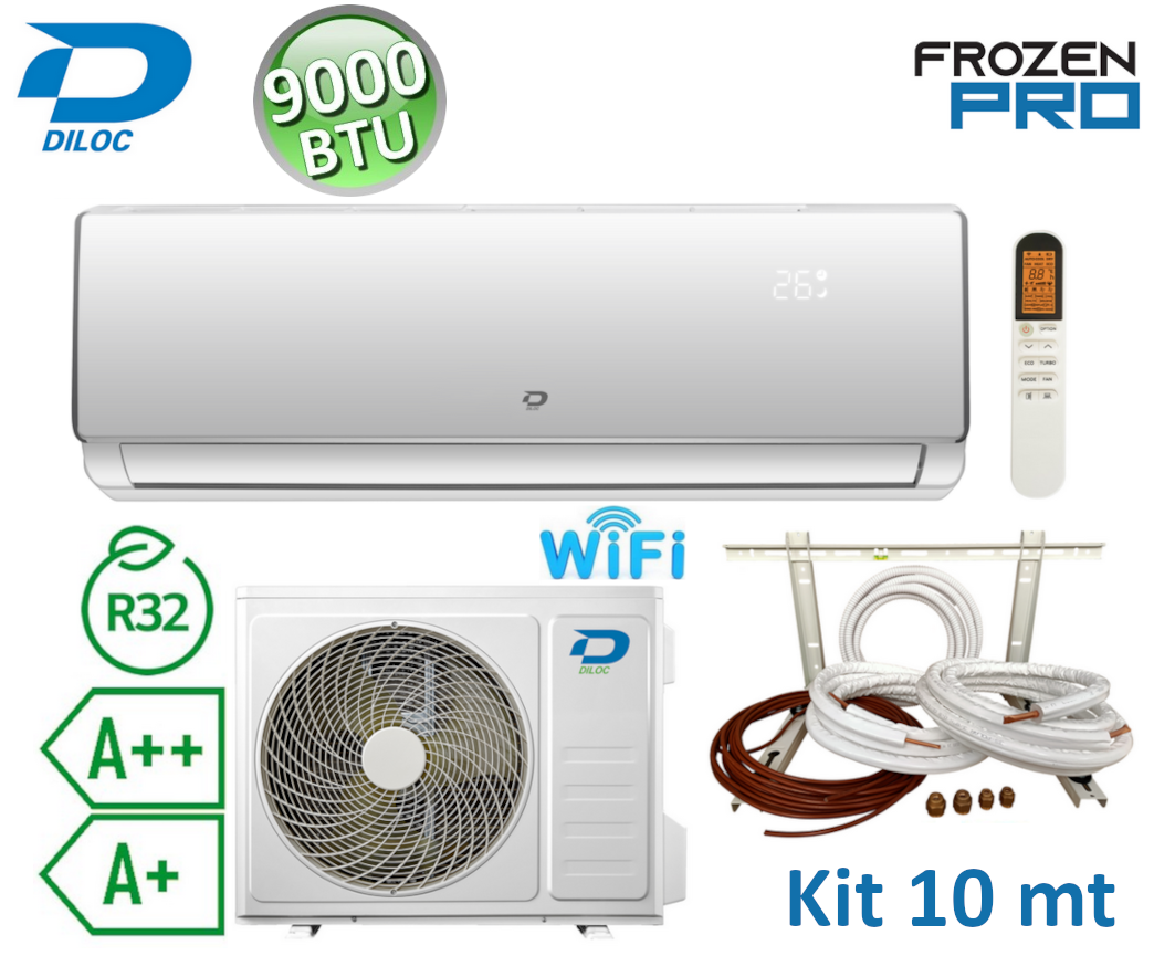 Climatizzatore mono split 2.5 kW 9000 Btu R32 A++/A+ Diloc Frozen PRO + kit installazione 10 mt