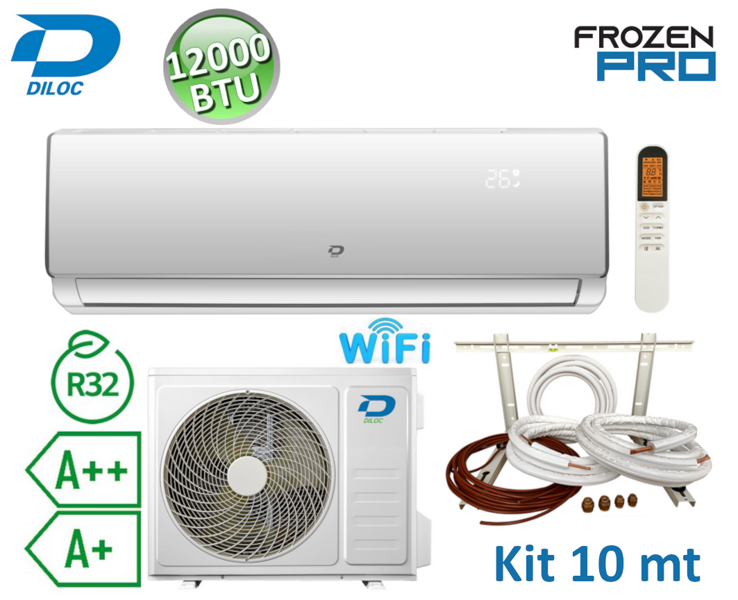 Climatizzatore mono split 3.5 kW 12000 Btu R32 A++/A+ Diloc Frozen PRO + kit installazione 10 mt