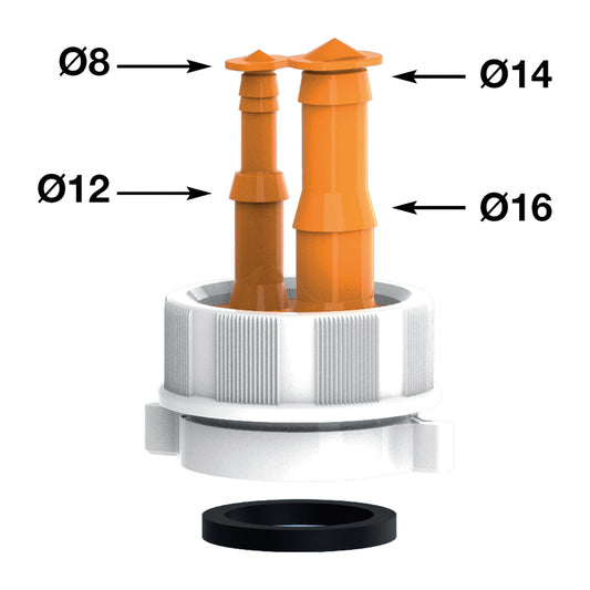 Raccordo per sifone scarico 1''1/4 e 1''1/2 con attacchi portagomma ? 8-12-14-16 mm
